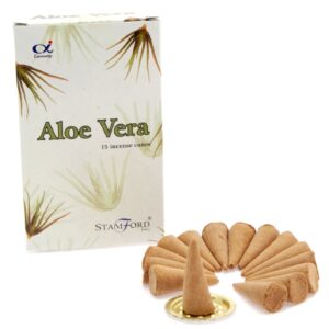 Aloe Vera incense cones with a metal holder for a calming atmosphere.