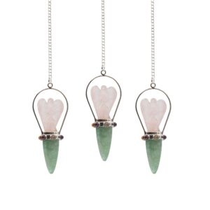 Two piece angel pendulum featuring rose quartz and green aventurine with chakra band.