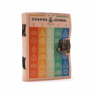Leather notebook with seven chakra colours and symbols on the cover.