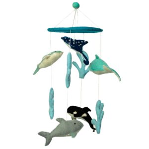 Handmade felt mobile featuring dolphins and sealife for home decor.