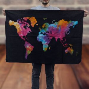 Vibrant world map wall art with colourful continents on a black background.