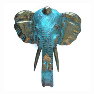 Large elephant head sculpture in gold and turquoise finish, crafted from Albasia wood.