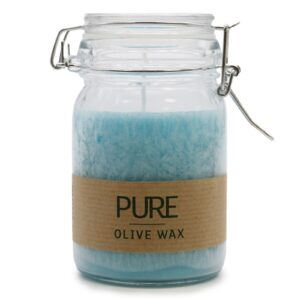 Turquoise olive wax jar candle with a crystalline surface and long burning time.