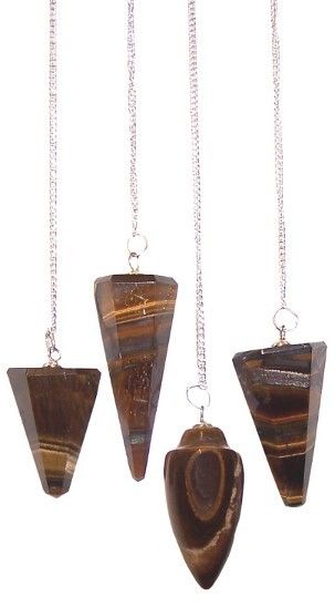 Tiger Eye gemstone pendulum with silver chain and bead for dowsing.