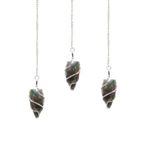 Raw moss agate pendulum with silver-tone spiral and fine chain.