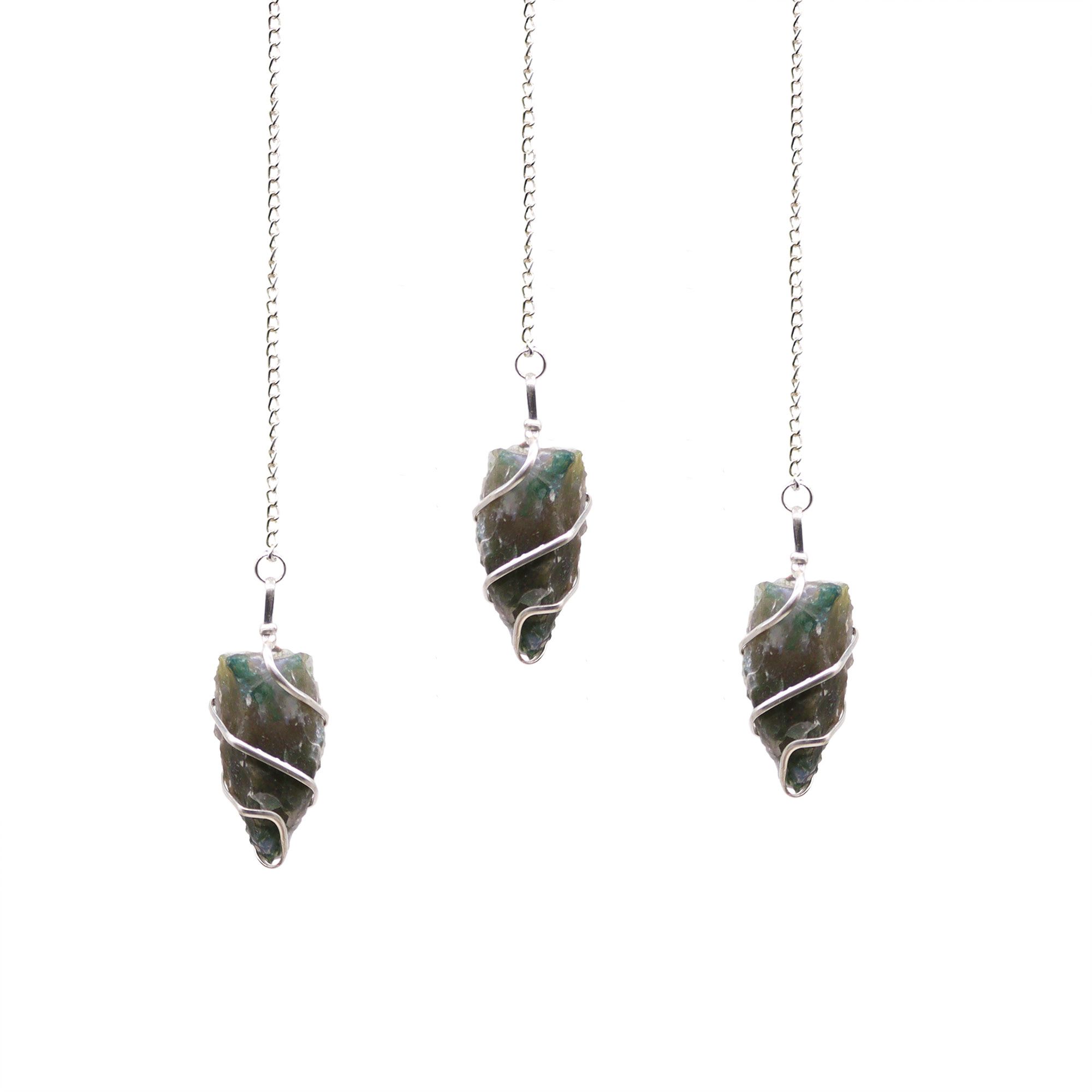 Raw moss agate pendulum with silver-tone spiral and fine chain.