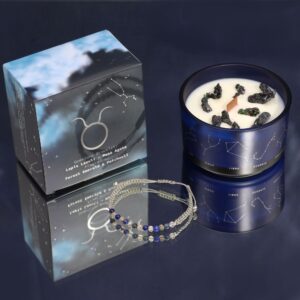 Zodiac Crystal Candle with a gemstone bracelet for Taurus, featuring earthy fragrances.