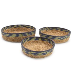 Natural green and blue straw and seagrass tray baskets set of three.