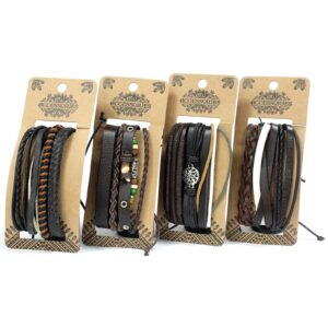 Stylish men's bracelet set featuring leather and metal charms in various designs.