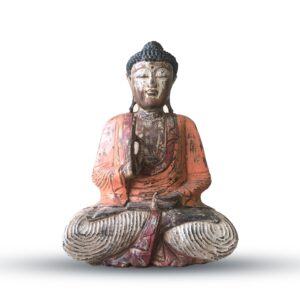 Hand carved vintage orange Buddha statue, perfect for home decor and meditation.