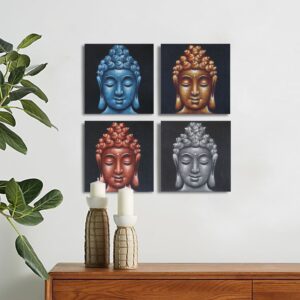 Set of four Buddha head decorations with sand detail for home decor.
