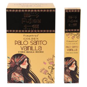 Golden Palo Santo incense sticks with vanilla scent for a calming atmosphere.