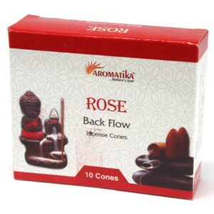 Backflow incense cones in a decorative box with rose scent for calming ambiance.
