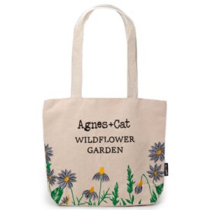 Purple wildflower garden tote bag with embroidered floral design.