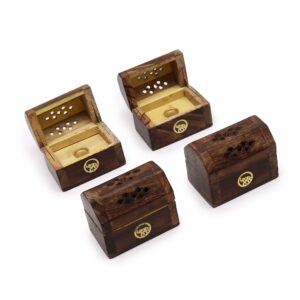 Mini incense cone smoke box made from mango wood, showcasing intricate craftsmanship.