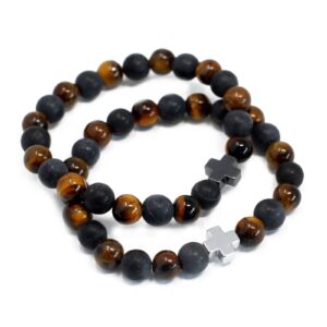 Set of two stretch friendship bracelets featuring Tiger Eye and Black Stone.