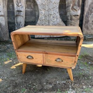 Hand-crafted small TV stand made from upcycled teak wood with two drawers.