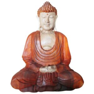 Hand carved Buddha statue in Suar wood showcasing intricate details.