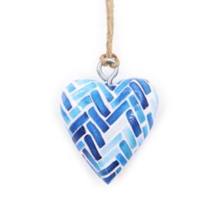 Decorative wooden heart with blue stripes for home decor.