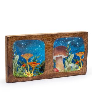 Teal double trinket tray with a charming mushroom design.