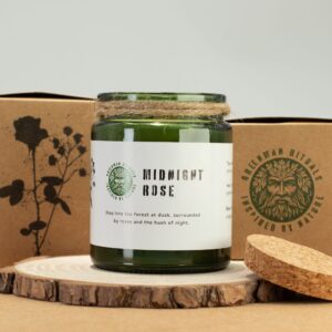 Greenman Woodwick Soy Candle in Midnight Rose with a wooden wick.