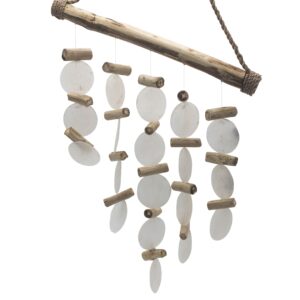 Handmade driftwood chime featuring Capiz glass for a soothing sound.