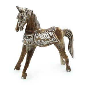 Large antique horse sculpture with intricate carvings and a distressed finish.