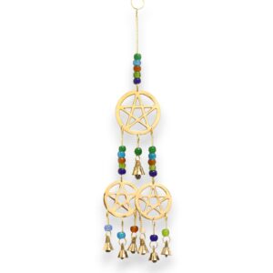 Brass tri-pentagram chimes with seven bells for a soothing sound.