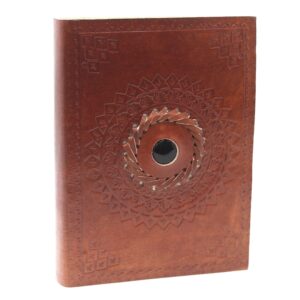 Black onyx leather notebook with unique buckles and metal clasps.
