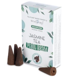 Backflow incense cones in a decorative box, featuring jasmine tea scent.