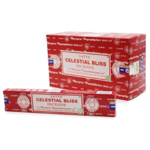 Satya Incense Sticks in Celestial Bliss fragrance with vibrant packaging.