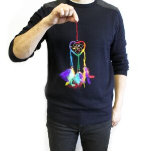 Handcrafted small heart dream catcher with rainbow suede and colourful feathers.