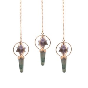 Two-piece spinning Merkaba star pendulum in copper with amethyst and labradorite.