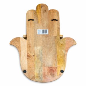 Hamsa shaped wall shelf with intricate carvings and natural wood finish.