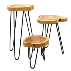 Natural wooden plant stands with hairpin legs, perfect for displaying plants.