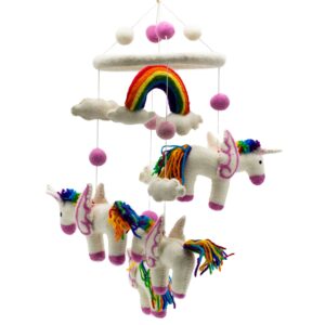 Colourful handmade felt mobile featuring rainbow unicorns for children's rooms.