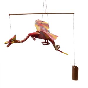 Handmade red coconut dragon mobile with a wingspan of 37cm, perfect for garden decor.