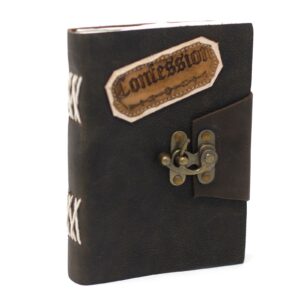 Black leather notebook with lock and unique detailing, perfect for journaling.