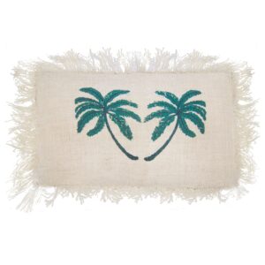 Linen cushion cover featuring a palm tree design with fringe detailing.