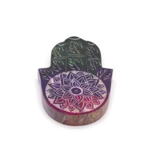 Soapstone Hamsa incense holder featuring a delicate lotus flower design.