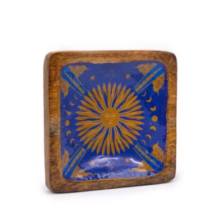 Enameled square trinket tray featuring a sun design for home decor.