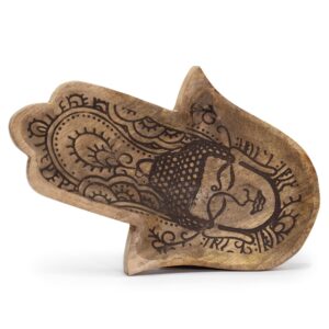 Hamsa-shaped long tray with black engraved Buddha design for home decor.