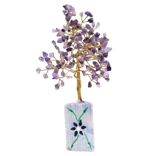 Handmade amethyst gemstone tree with intricate branches on a rock base.