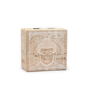Whitewashed small square box featuring a serene Buddha face design.