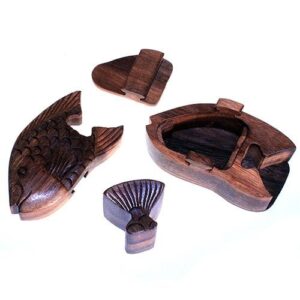 Handmade Sheesham wood Bali Magic Box in the shape of a fat fish.