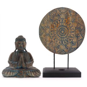Buddha Feng Shui Set featuring a blue Flower Mandala design for home decor