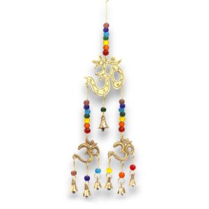Brass Om chimes with colourful chakra beads and seven melodic bells.