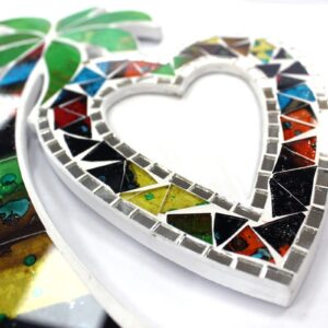 Handcrafted large mosaic coconut picture frame with colourful glass pieces.