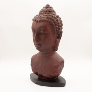 Buddha Bust Lamp in Molten Lava finish with an oval stand, showcasing rich dark tones.