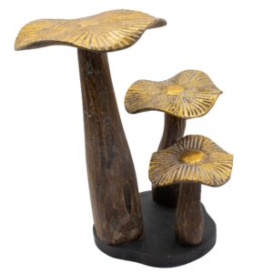 Large wooden mushroom sculpture with golden caps, showcasing natural texture.